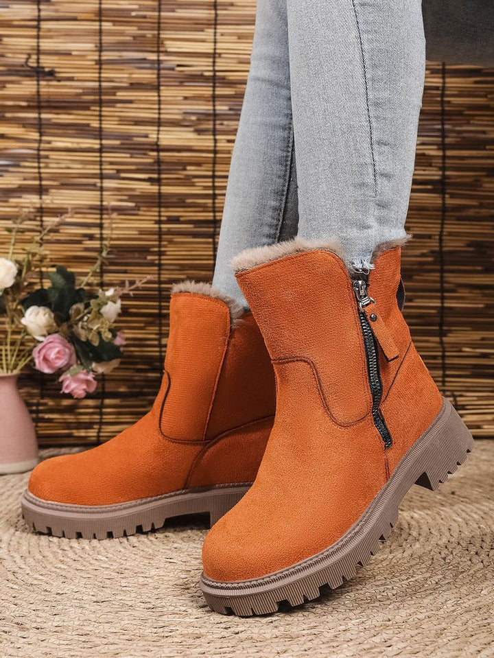 Women Fleece Lined Suede Look Ankle Boots with Teddy Lining, Side Zipper and Profiled Rubber Sole Mune Fashion