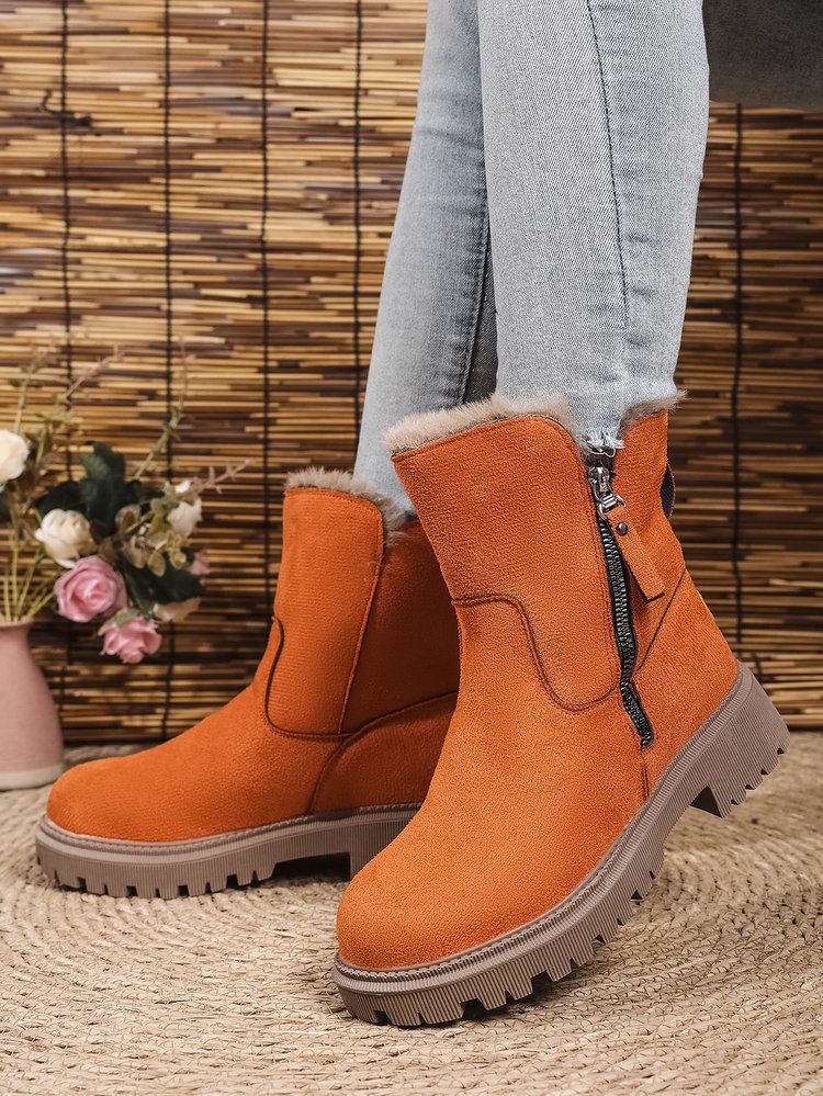Women Fleece Lined Suede Look Ankle Boots with Teddy Lining, Side Zipper and Profiled Rubber Sole Mune Fashion