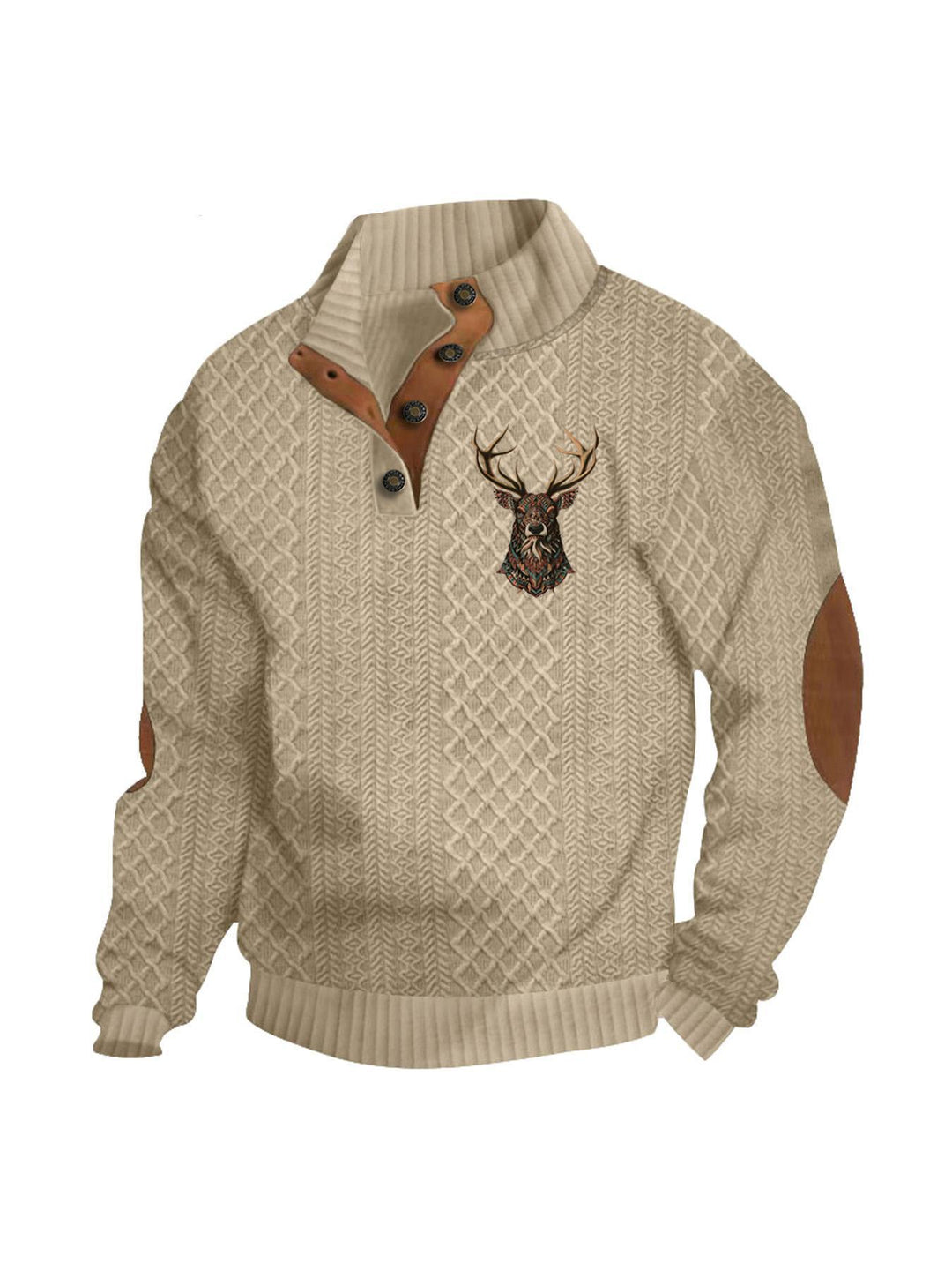 Men's nan Heritage textured pullover with stand-up collar faux leather trim elbow patches and half-button placket Mune Fashion