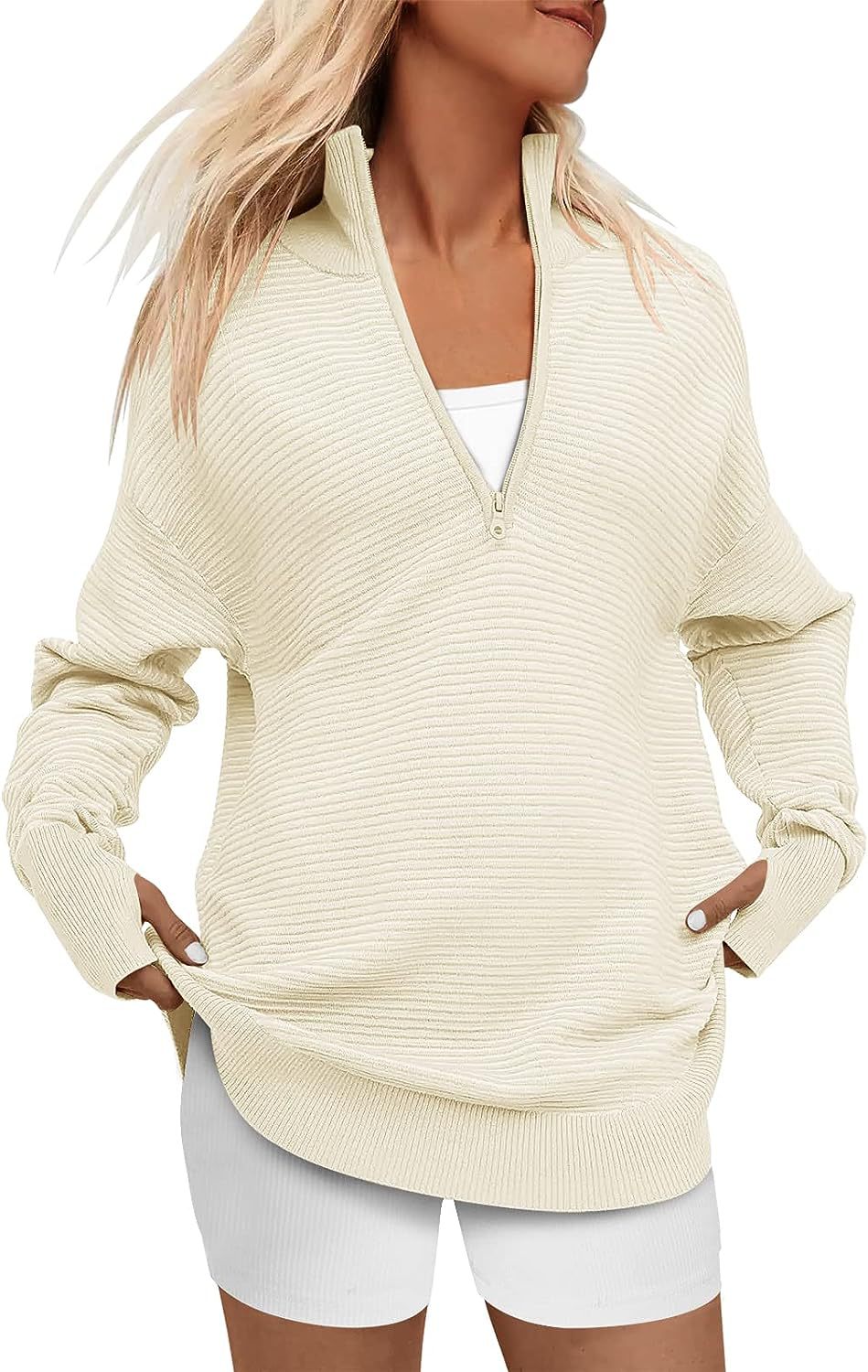 Ladies Oversized Fine Knit Sweater with Half Zipper, Stand Collar and Thumb Hole Sleeves Mune Fashion
