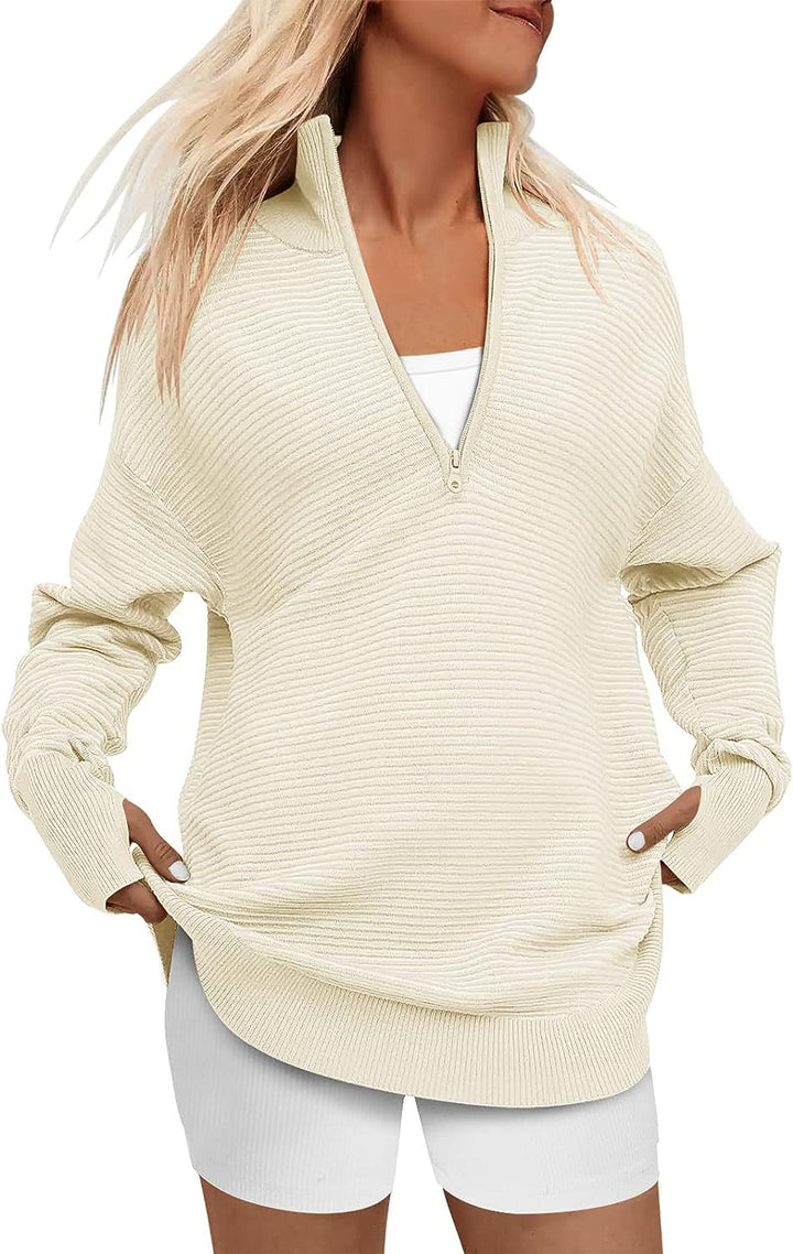 Ladies Oversized Fine Knit Sweater with Half Zipper, Stand Collar and Thumb Hole Sleeves Mune Fashion