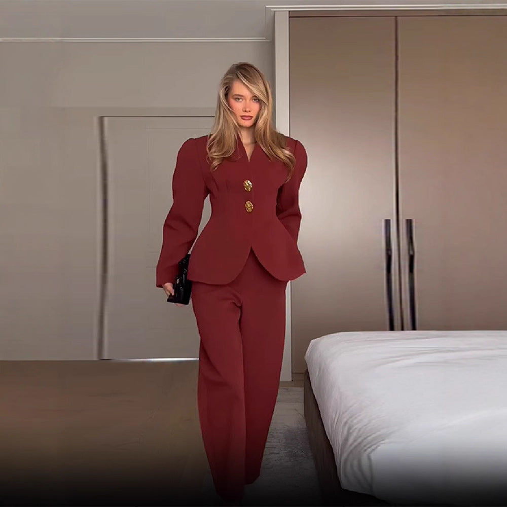 Women's Tailored Blazer with Peplum and Wide High-Waisted Pants Mune Fashion