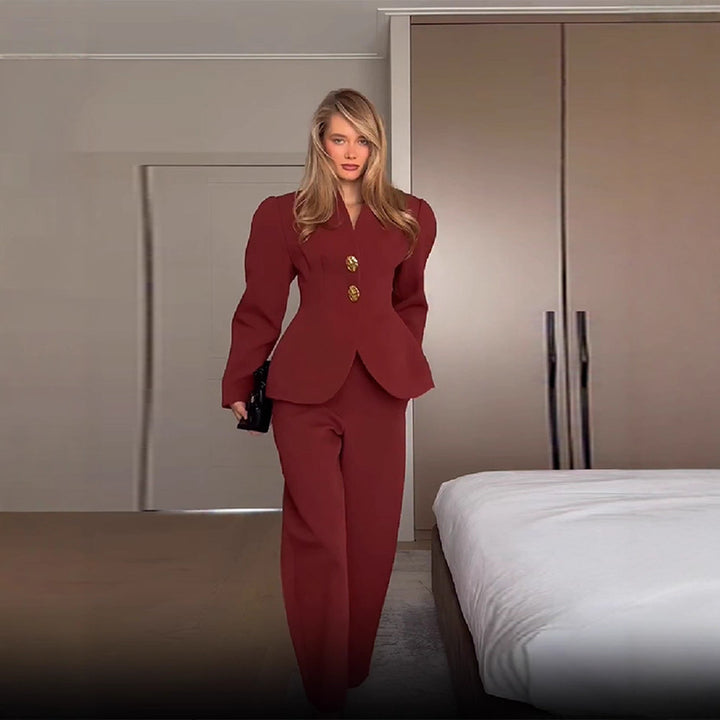 Women's Tailored Blazer with Peplum and Wide High-Waisted Pants Mune Fashion