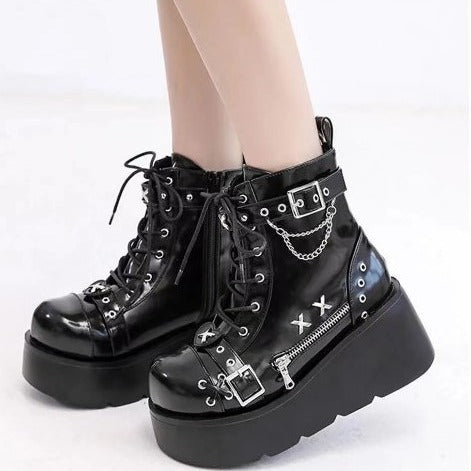 Women's Plateau Biker Ankle Boots with Wide Wedge Sole, Buckles, Chains and Cross Appliqués Mune Fashion