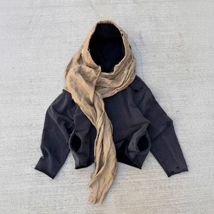 Unisex hooded pullover in usage marks style with attached tube scarf and frayed openings Mune Fashion