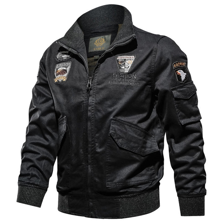 Men's Military Canvas Bomber Jacket with Embroidered Patches and Arm Pocket Mune Fashion