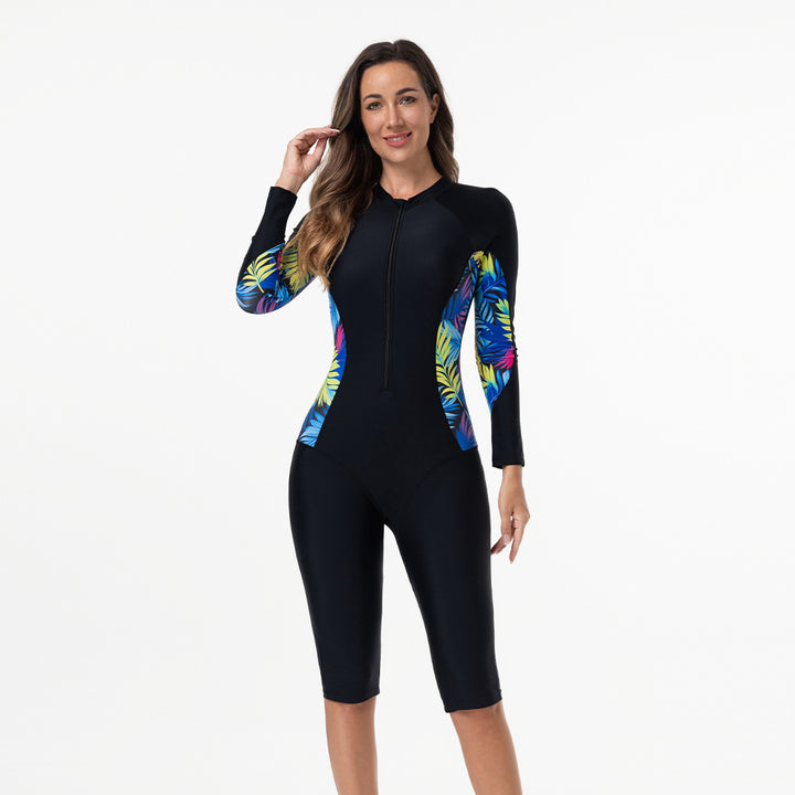Women Long Sleeve Surf Suit with Colorful Plant Pattern Mune Fashion