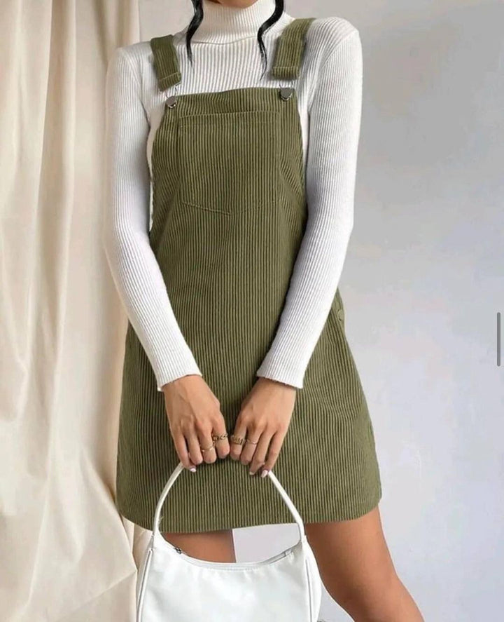 Women's Corduroy Pinafore Dress with Adjustable Straps, Side Snap Placket and Fine Rib Effect Mune Fashion