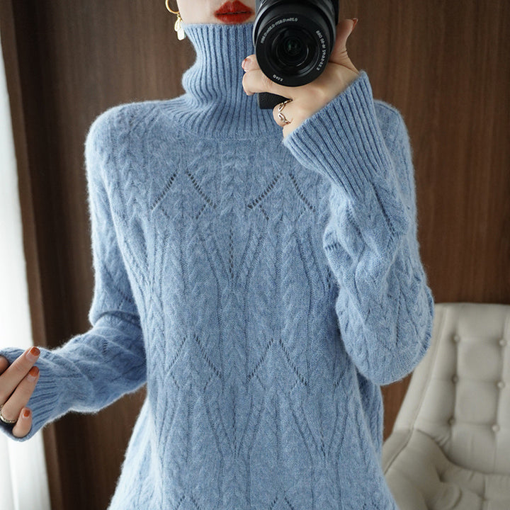 Women's Soft Mohair-Look Oversized Roll Neck Sweater with Lace Cable Structure Mune Fashion