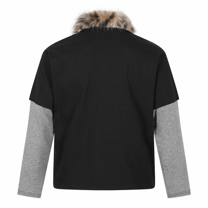 Women Layered-Look Long Sleeve Polo with Faux Fur Collar and Badge Embroidery Mune Fashion