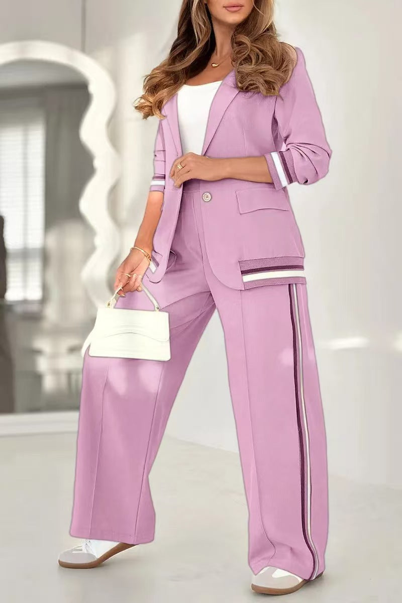 Women Two-Piece Blazer with Wide Trouser Leg and Contrasting Side Stripes Mune Fashion