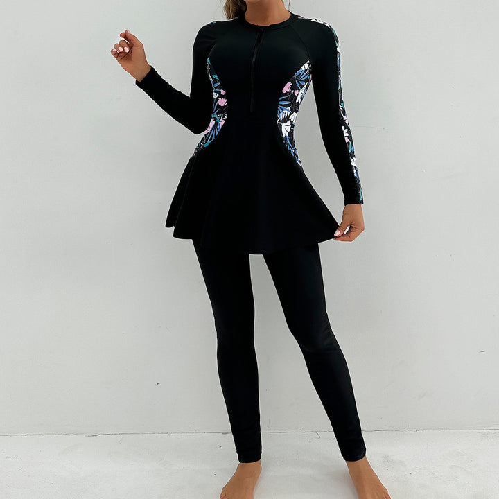 Women's Sporty Long Sleeve Swimming Suit with Flattering Skirt Mune Fashion