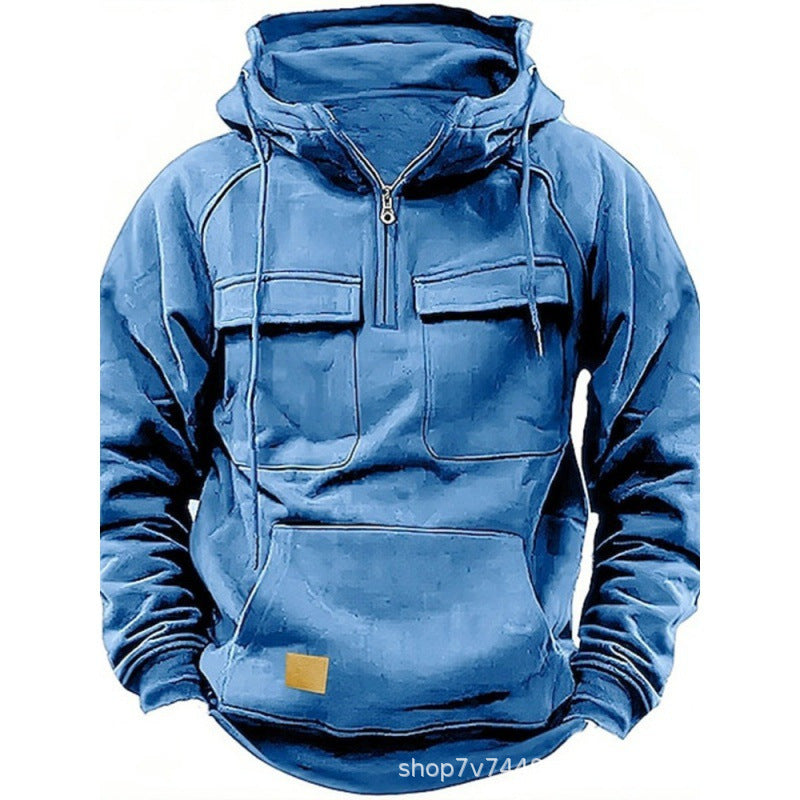 Men's functional hooded sweatshirt with half zipper, patch chest pockets, and kangaroo pocket Mune Fashion