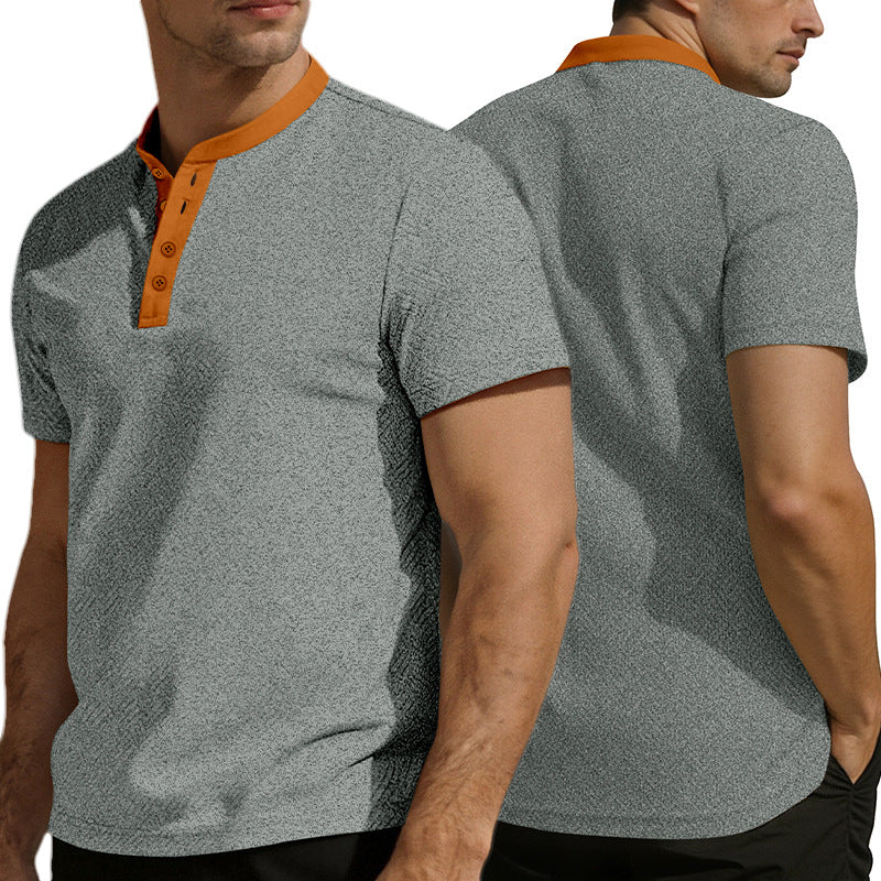 Men's slim short sleeve Henley polo shirt with Mandarin collar and fine jacquard texture Mune Fashion