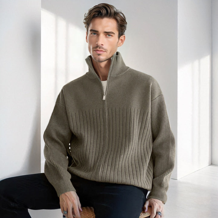 Men's Half-Zip Knit Sweater with High Stand Collar and Wide Rib Pattern Mune Fashion