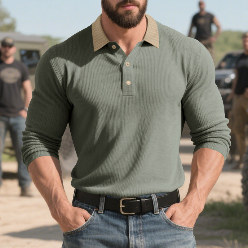 Men's ribbed long-sleeve polo with Kent collar and concealed button placket Mune Fashion
