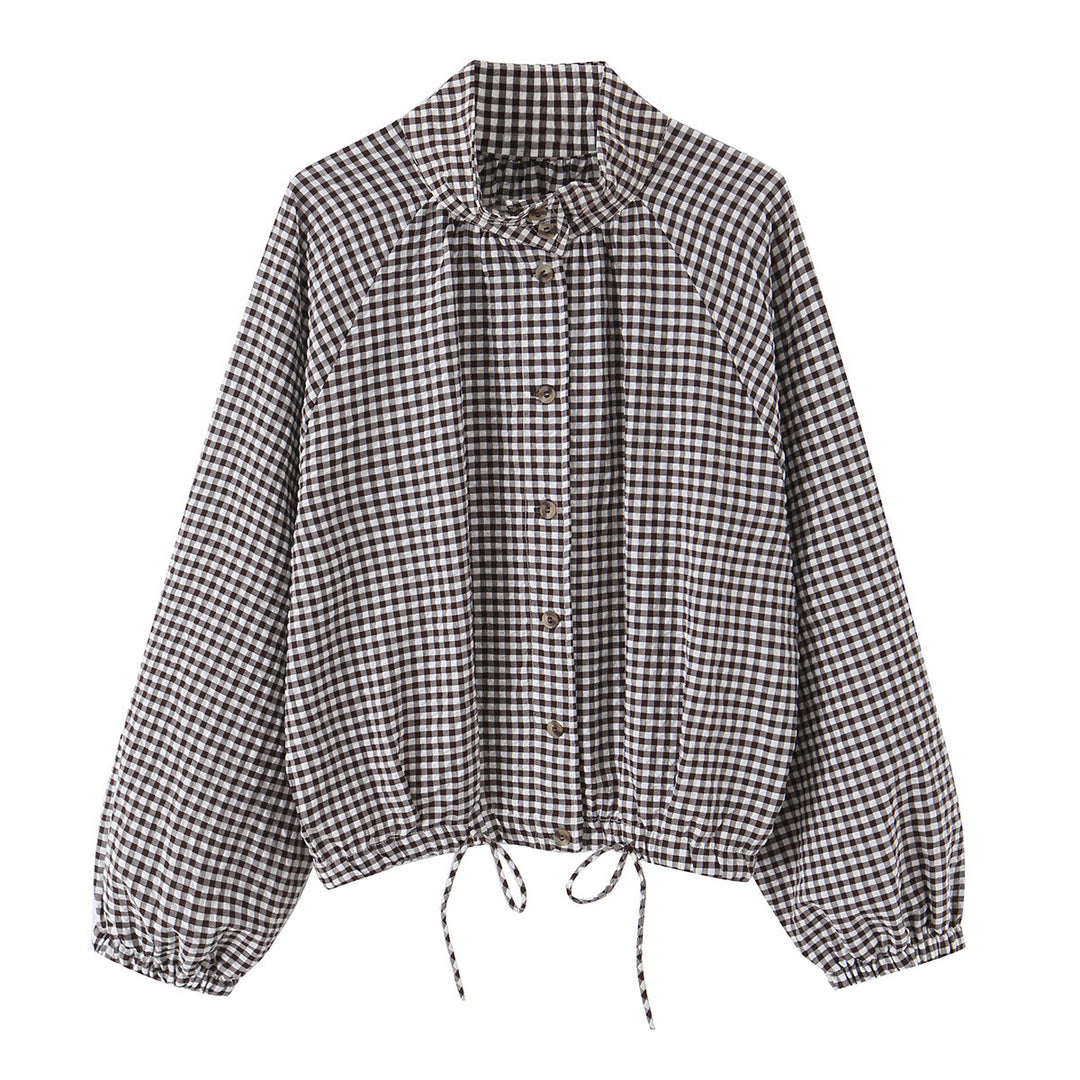 Ladies Checkered Gingham Blouson with Drawstring Hem, Raglan Sleeves and Stand-Up Collar Drune