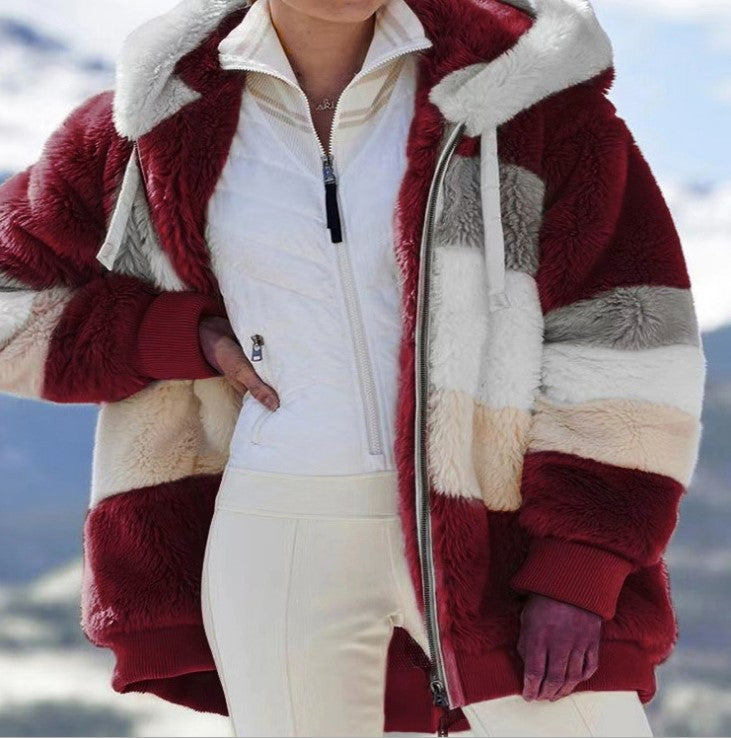 Women's oversized padded faux fur jacket with hood, block stripes and ribbed cuffs Mune Fashion
