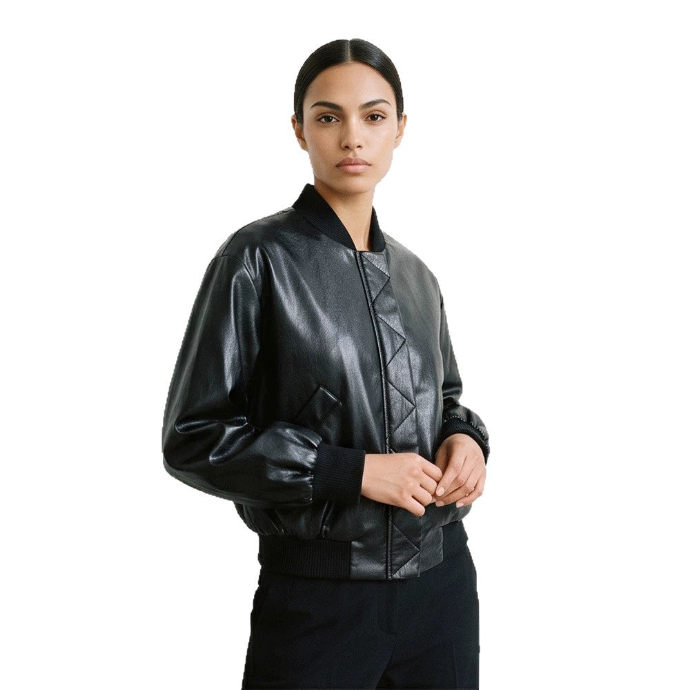 Women's Short Faux Leather Bomber Jacket with Ribbed Cuffs and Geometric Quilted Yoke Mune Fashion