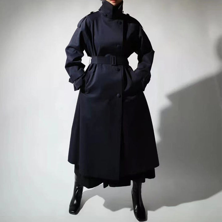 Women's Maxi Length Trench Coat with Concealed Button Placket, High Standing Collar and Waist Belt Mune Fashion