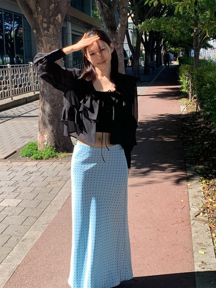 Women's satin midi skirt with polka dot print, tailored fit & flowing bias silhouette Mune Fashion