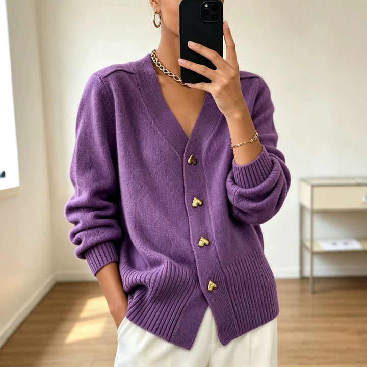 Women Oversize V-Neck Knit Cardigan with Heart-Shaped Decorative Buttons Mune Fashion