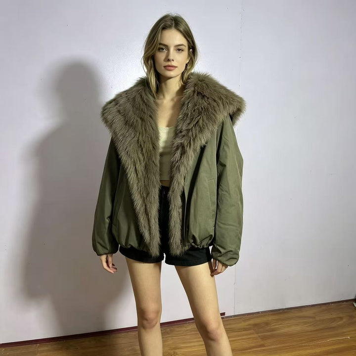 Women nan short bomber parka with oversized faux fur collar and adjustable drawstring hem Mune Fashion