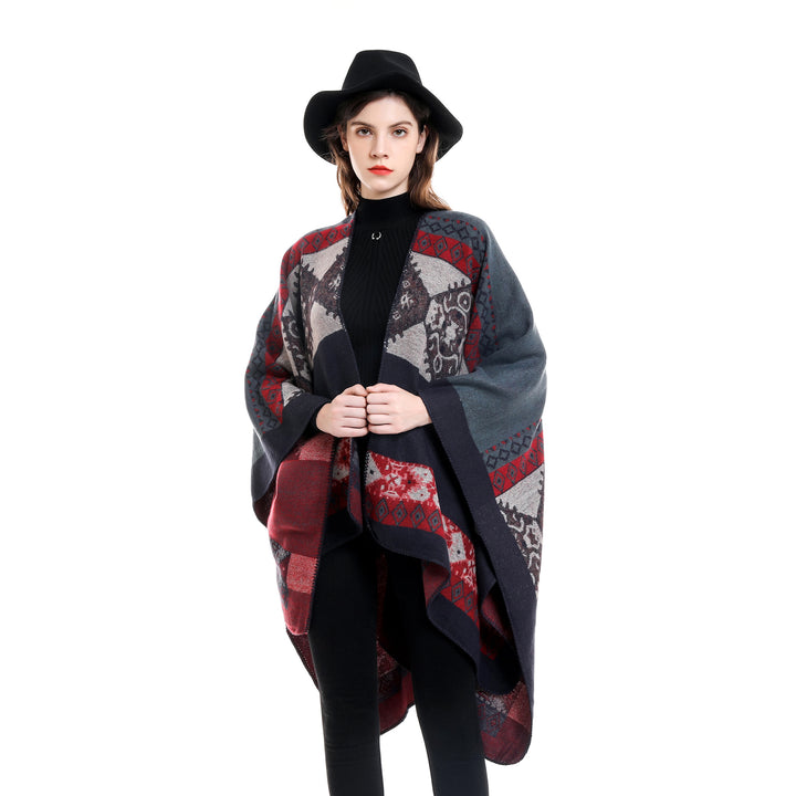 Women's Oversize Knit Poncho with Folk Jacquard Pattern Mune Fashion