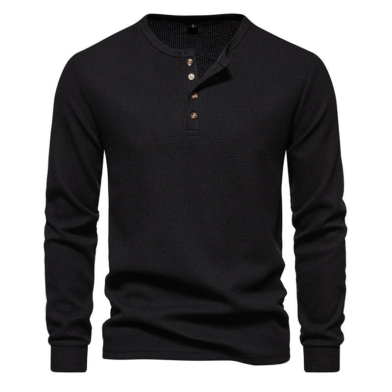 Men's Long Sleeve Henley Shirt with Textured Surface Pattern and Practical Button Details Mune