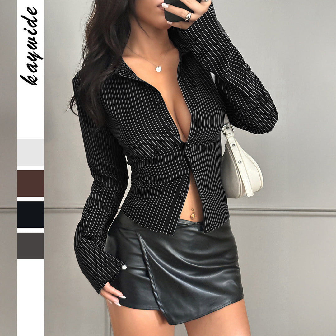 Women tailored pinstripe blouse with shirt collar and figure-shaping button placket Mune Fashion