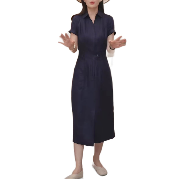 Women Tailored Shirt Blouse Midi Dress with Concealed Button Placket and Waist Pass Mune Fashion