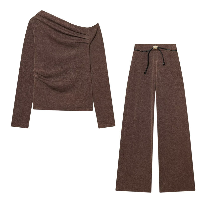 Women Asymmetric Fine Knit Top with Waterfall Collar and Side Gathering Mune Fashion