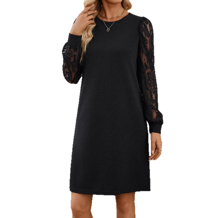 Women's shift dress with transparent lace sleeves and slightly fitted A-line shape.