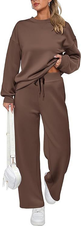 Women's two-piece French terry lounge set with oversized round neck pullover and wide high waist jogger Mune Fashion