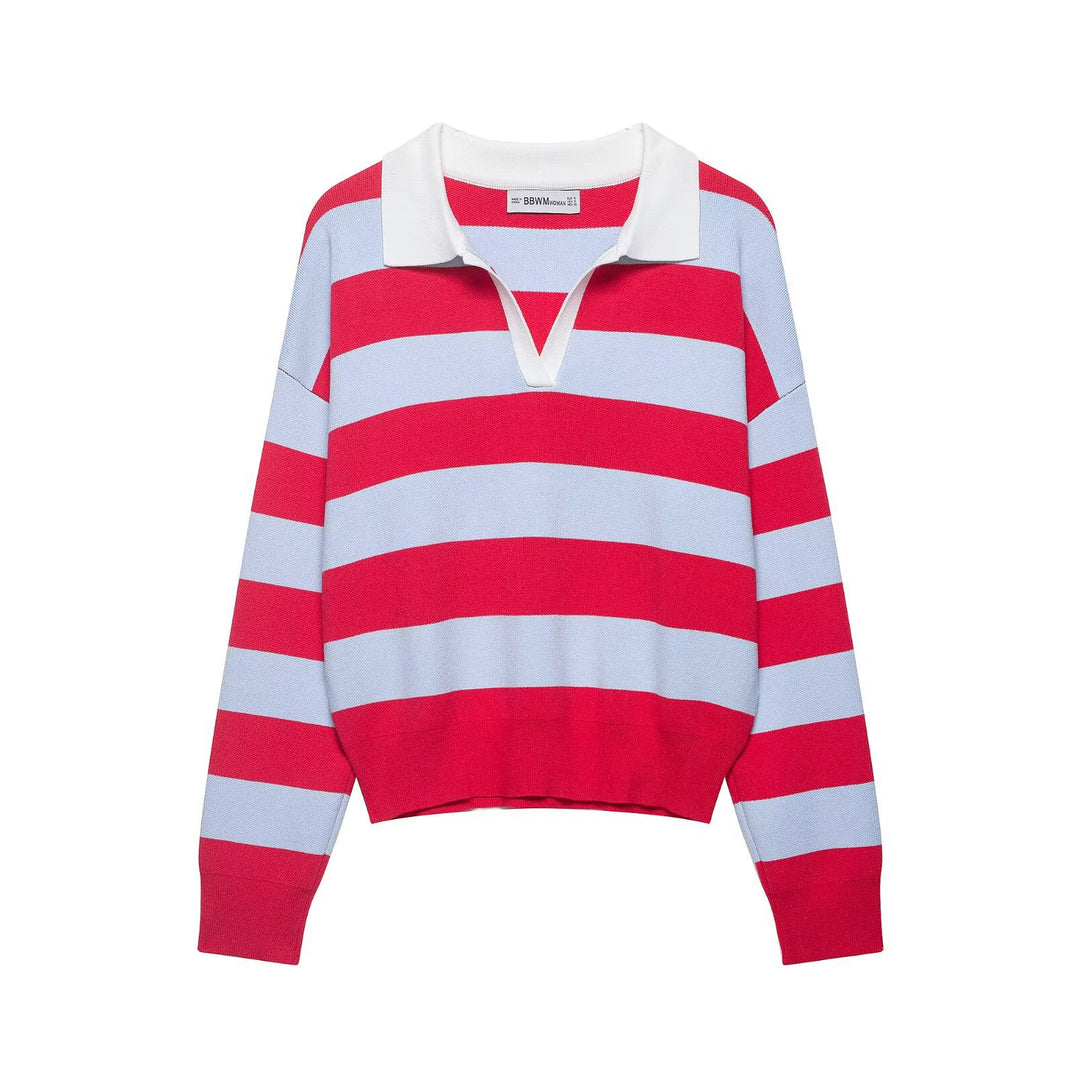 Women's Striped Rugby Sweater with Open Polo Collar Mune Fashion