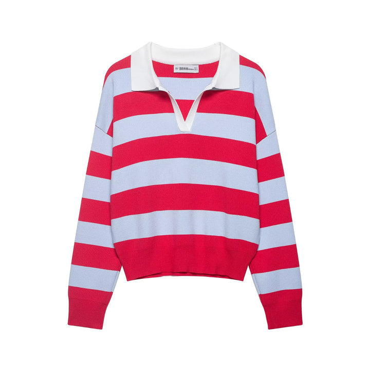 Women's Striped Rugby Sweater with Open Polo Collar Mune Fashion