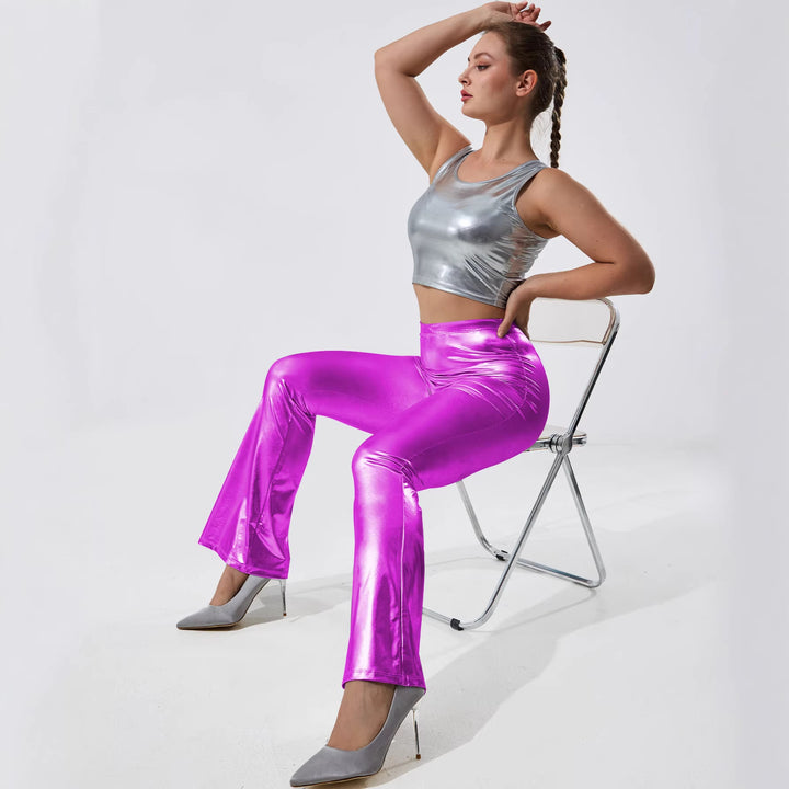 Women's Shiny High-Waist Flared Pants with Metallic Finish Mune Fashion