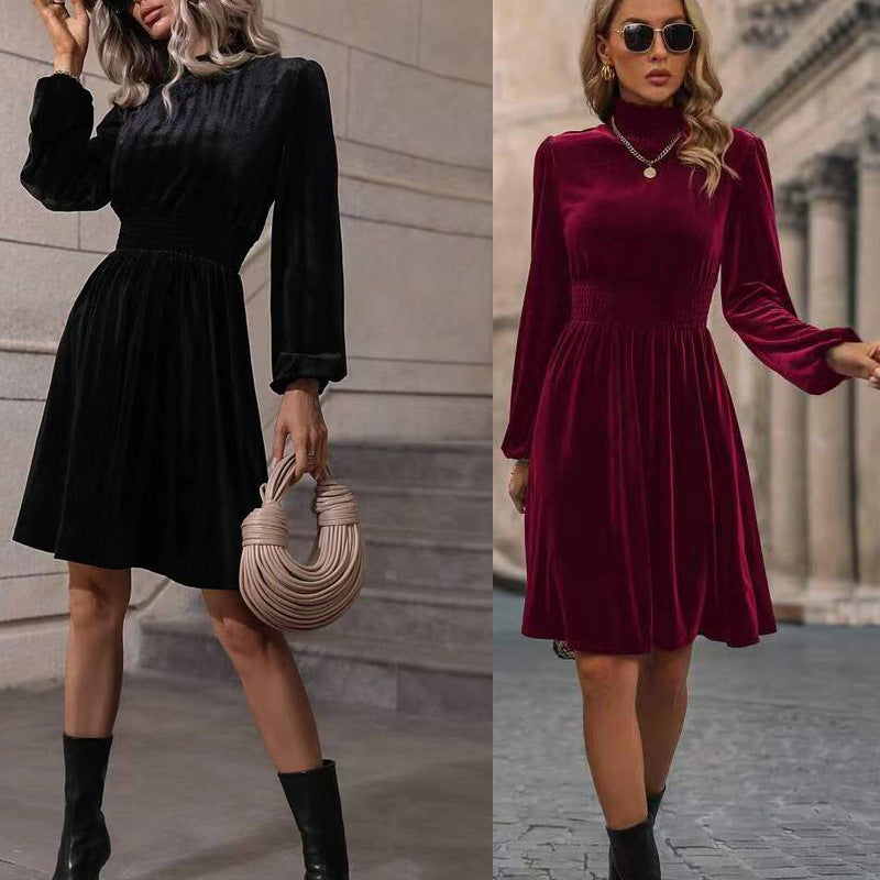 Women Velvet Dress with High Neck Design and Elegant Long Sleeves Mune
