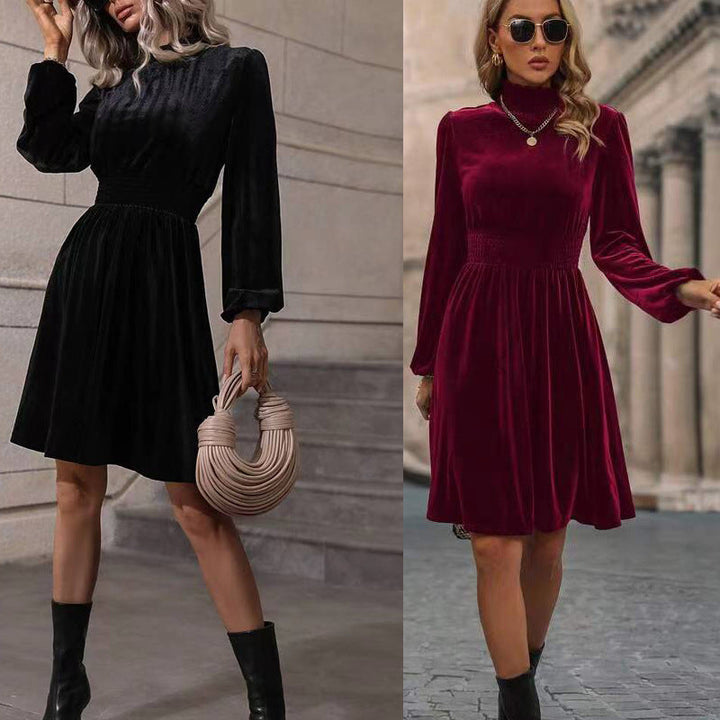 Women Velvet Dress with High Neck Design and Elegant Long Sleeves Mune