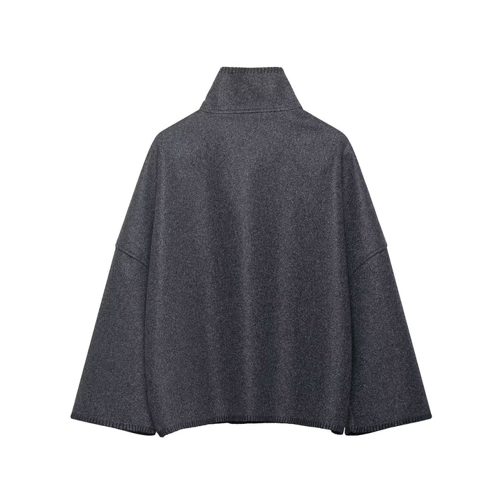 Ladies Wool Blend Cape with High Stand Collar, Button Placket and Decorative Stitching