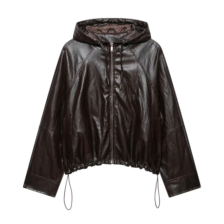 Women’s short hoodie faux leather jacket with drawstring raglan sleeves and zip Mune Fashion