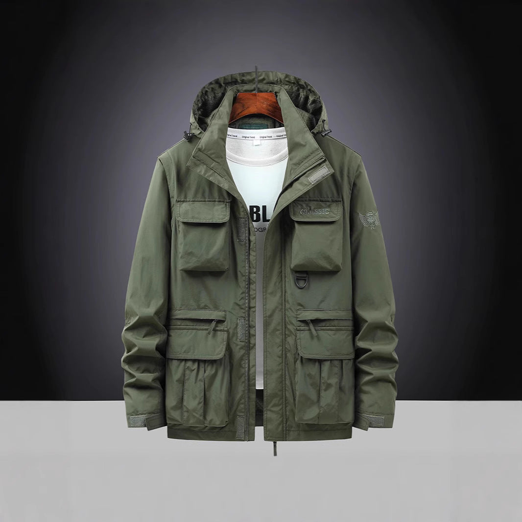 Men's multifunctional field jacket with hood collar, cargo pockets, and D-ring Mune Fashion