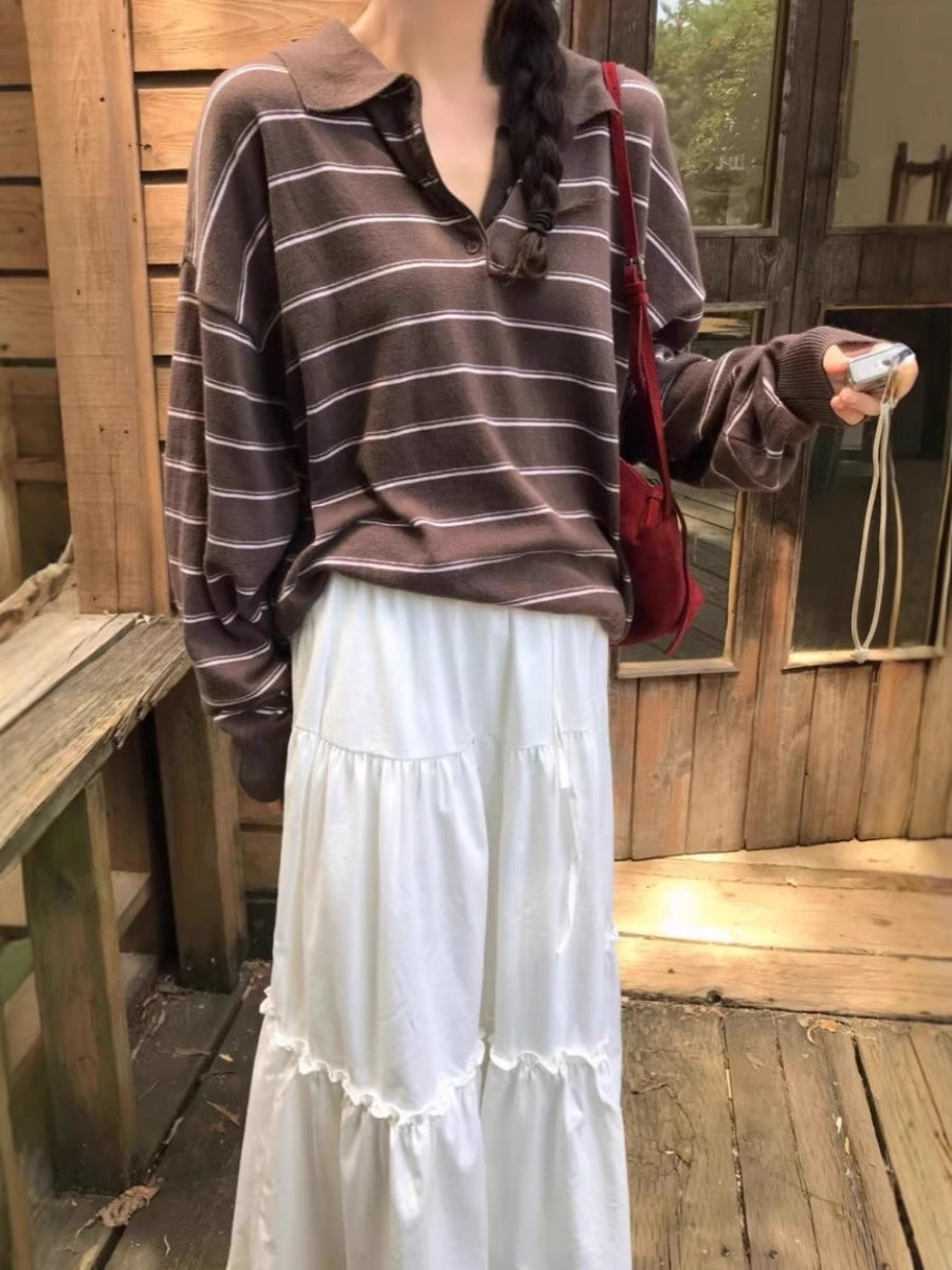 Women Oversized Polo Collar Knit Sweater with Stripes and Half Button Placket Mune Fashion
