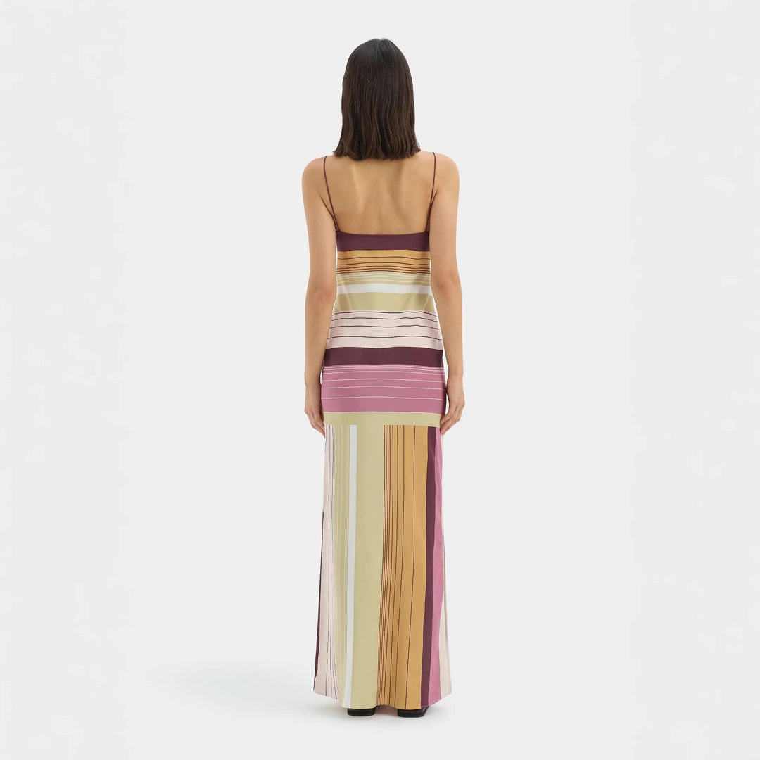 Women's figure-hugging maxi dress with spaghetti straps, straight neckline, panel stripes, and side slit Mune Fashion