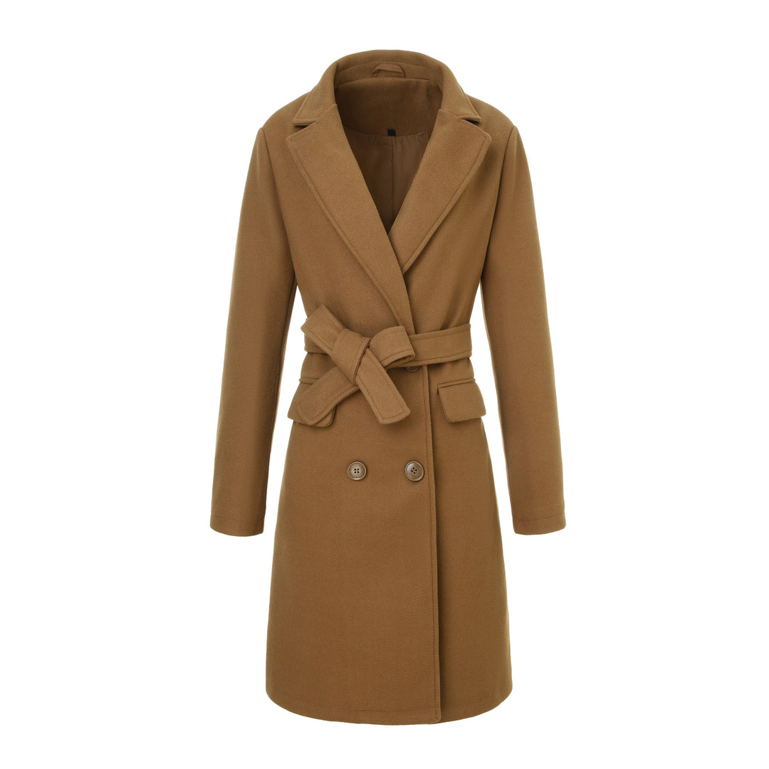 Women’s coat in wool look with double-breasted front, waist belt, and flap pockets Mune Fashion
