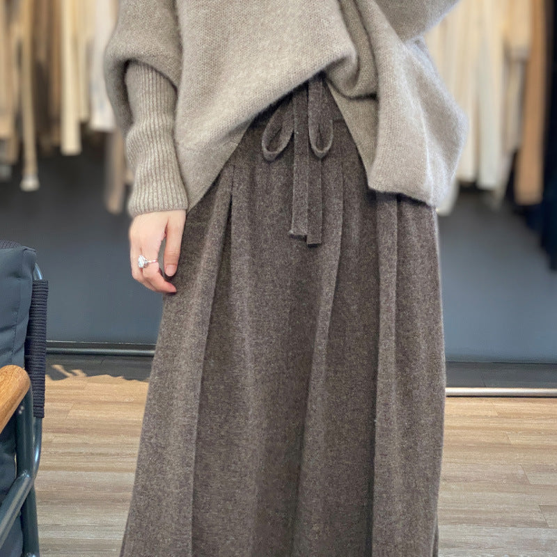Women Mid-Length Cashmere-Look Knit Skirt with Pleats and Drawstring Mune Fashion