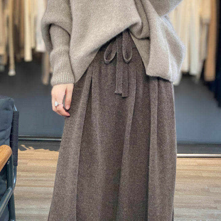 Women Mid-Length Cashmere-Look Knit Skirt with Pleats and Drawstring Mune Fashion