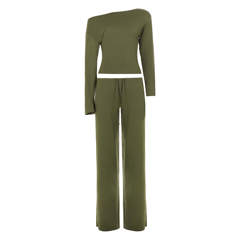 Women's Lounge Set with Off-Shoulder Stretch Top and Wide Drawstring Pants Mune Fashion