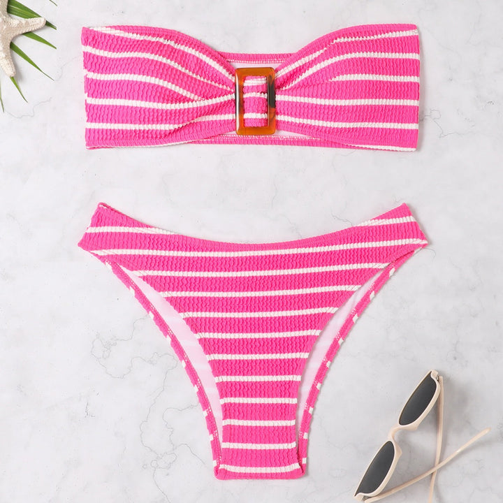 Women's bandeau bikini with a stylish striped pattern and decorative buckle Mune Fashion