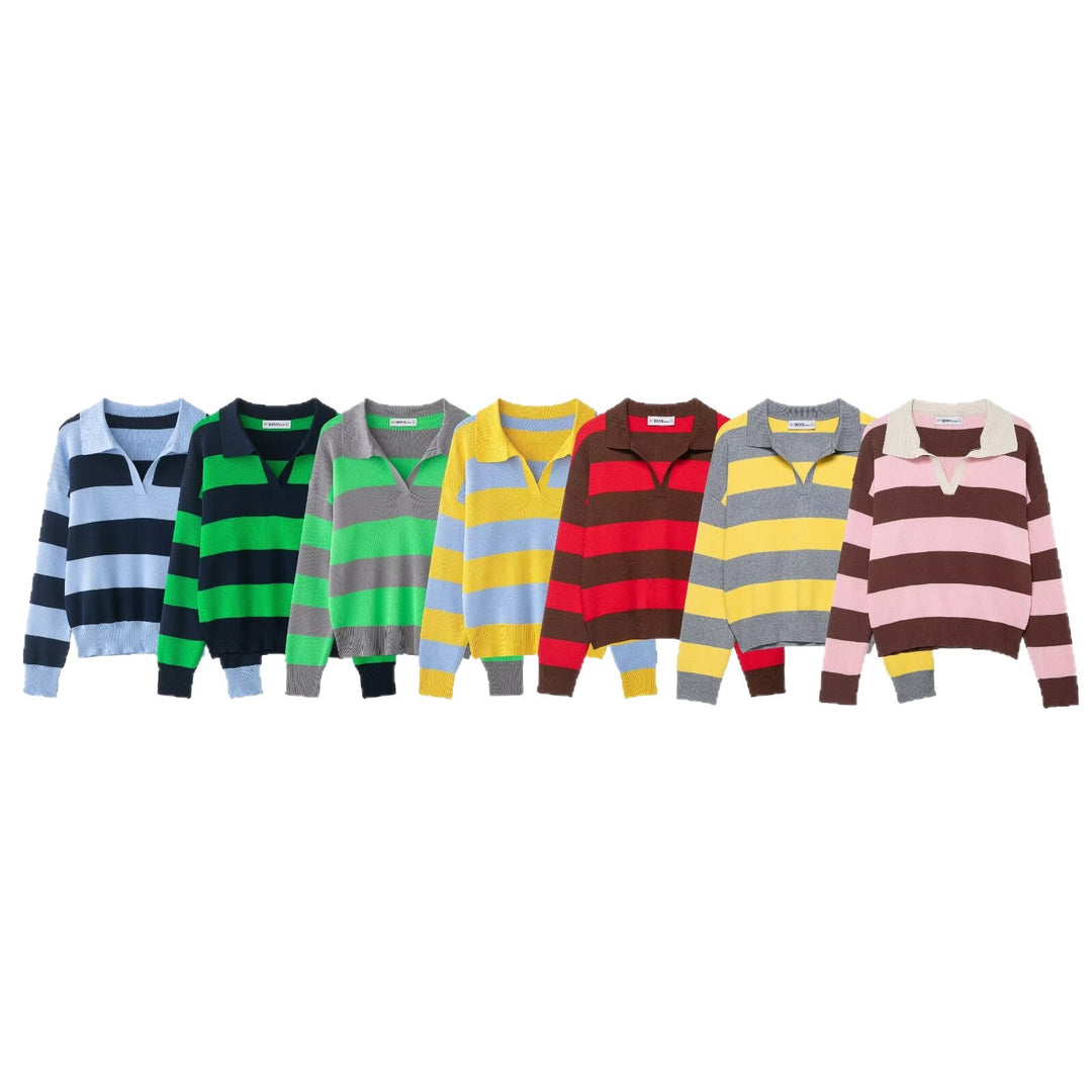 Women Striped Oversize Rugby Sweater with Polo Collar and V-Neck Mune Fashion